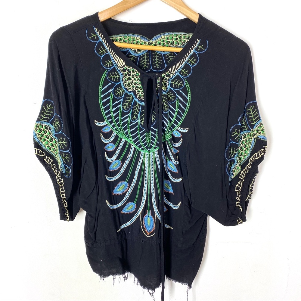 Embroidered Women's Top Medium Black Green Blue - Picture 1 of 6